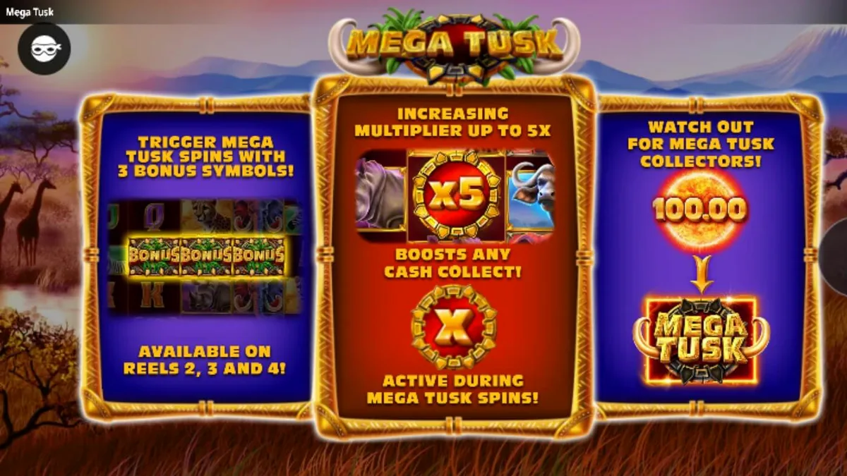 Pemandangan savana Afrika yang indah dengan simbol hewan liar pada gulungan slot Mega Tusk