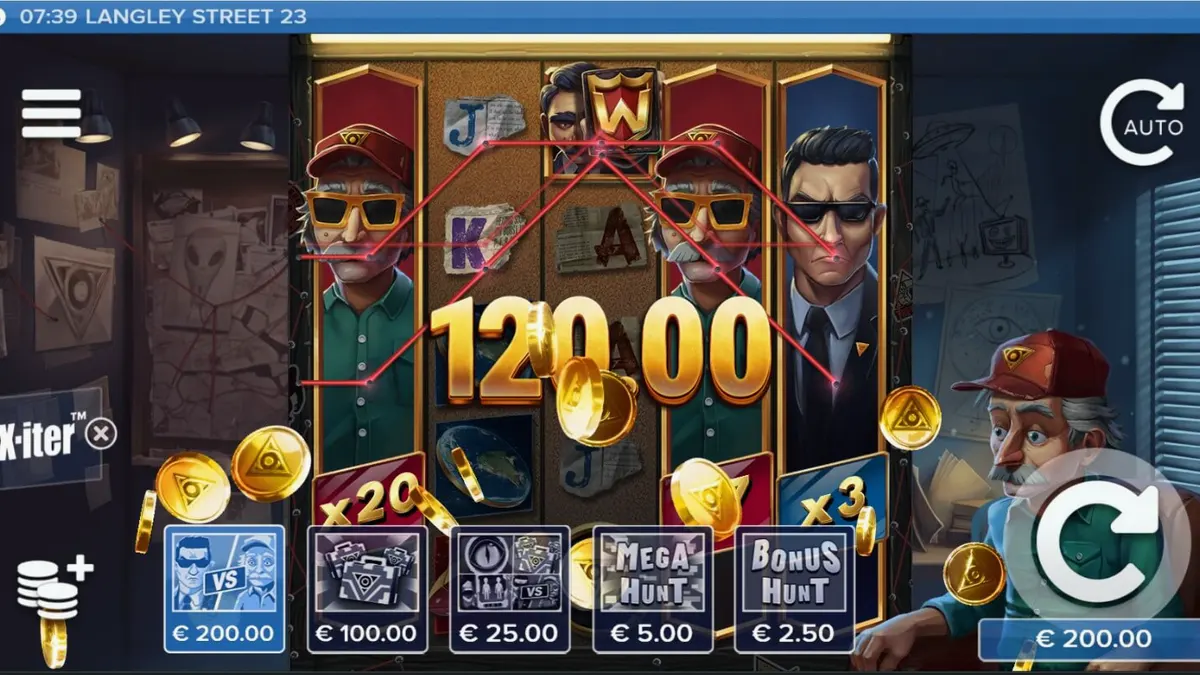 Tampilan layar permainan slot Langley Street 23 dengan tema konspirasi noir